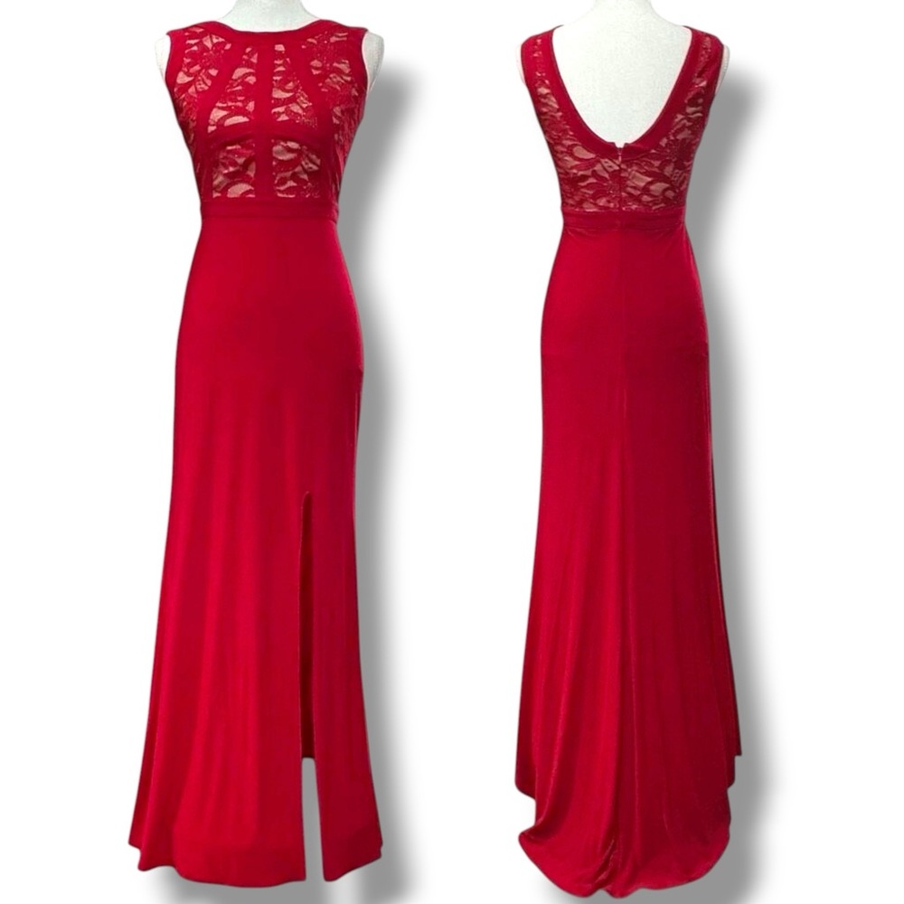Morgan & Co Illusion Lace Top Long Side Split Sequence Evening Gown Maxi Dress - Picture 3 of 10